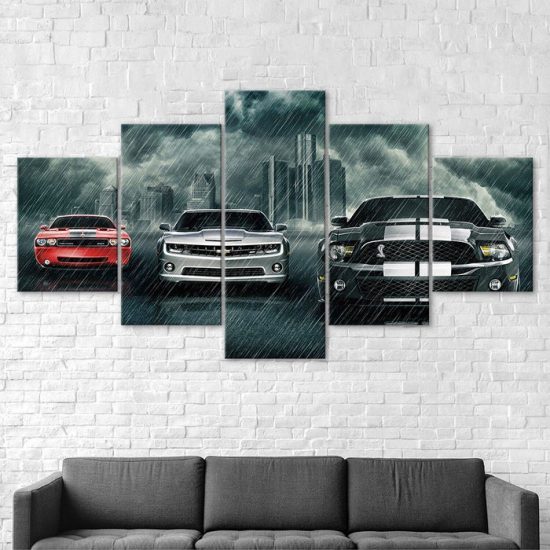 Luxury Sports Muscle Cars Rainy Scene Canvas 5 Piece Five Panel Print Modern Wall Art Poster Wall Art Decor 2 1