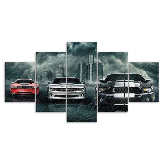 Luxury Sports Muscle Cars Rainy Scene Canvas 5 Piece Five Panel Print Modern Wall Art Poster Wall Art Decor 3 1