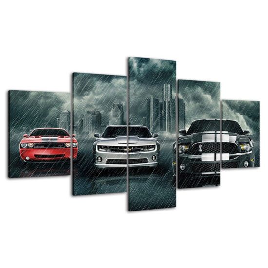Luxury Sports Muscle Cars Rainy Scene Canvas 5 Piece Five Panel Print Modern Wall Art Poster Wall Art Decor 4 1