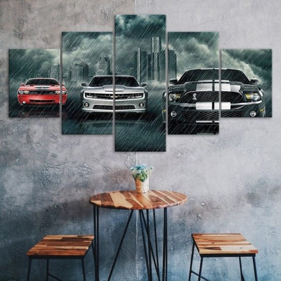 Luxury Sports Muscle Cars Rainy Scene Canvas 5 Piece Five Panel Print Modern Wall Art Poster Wall Art Decor