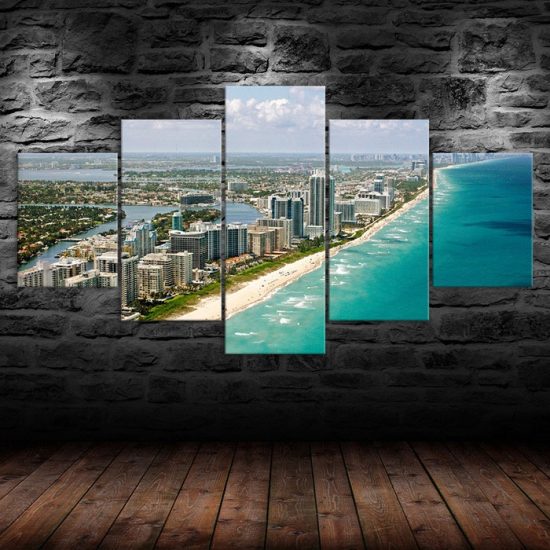 Miami City Florida Seaside Coast Landscape 5 Piece Five Panel Wall Canvas Print Modern Art Poster Wall Art Decor 1