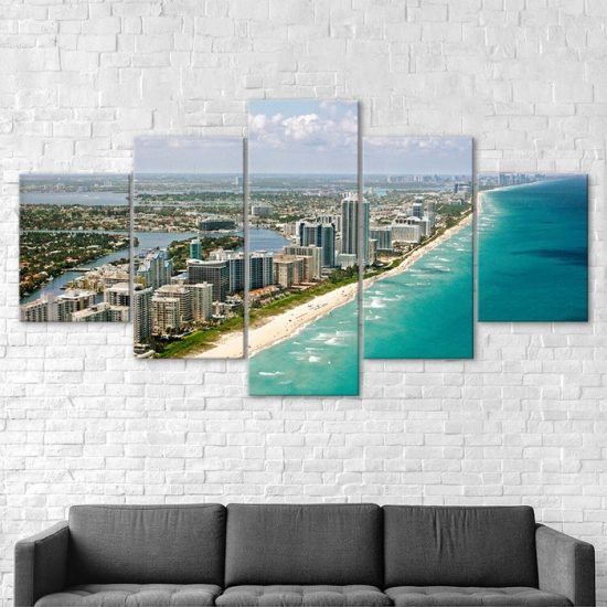 Miami City Florida Seaside Coast Landscape 5 Piece Five Panel Wall Canvas Print Modern Art Poster Wall Art Decor 2
