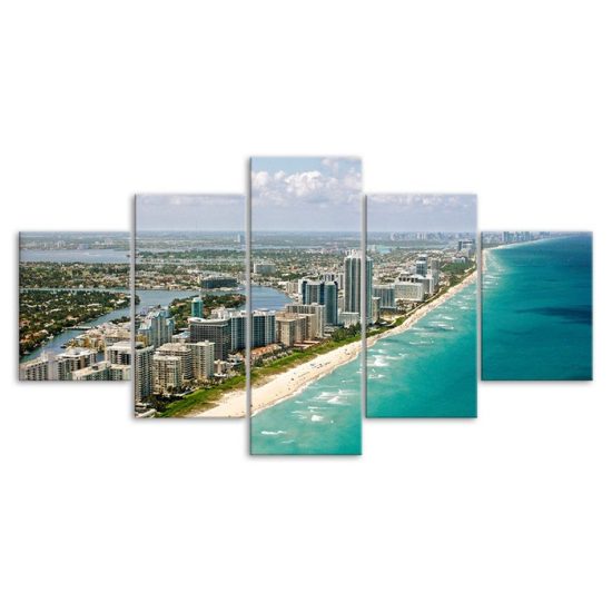 Miami City Florida Seaside Coast Landscape 5 Piece Five Panel Wall Canvas Print Modern Art Poster Wall Art Decor 3