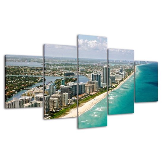 Miami City Florida Seaside Coast Landscape 5 Piece Five Panel Wall Canvas Print Modern Art Poster Wall Art Decor 4