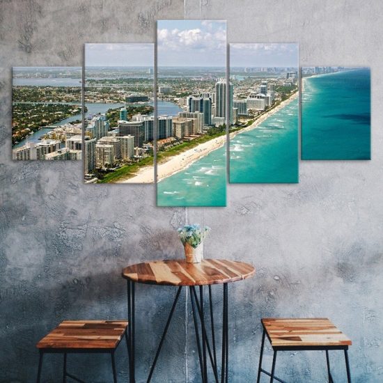 Miami City Florida Seaside Coast Landscape 5 Piece Five Panel Wall Canvas Print Modern Art Poster Wall Art Decor