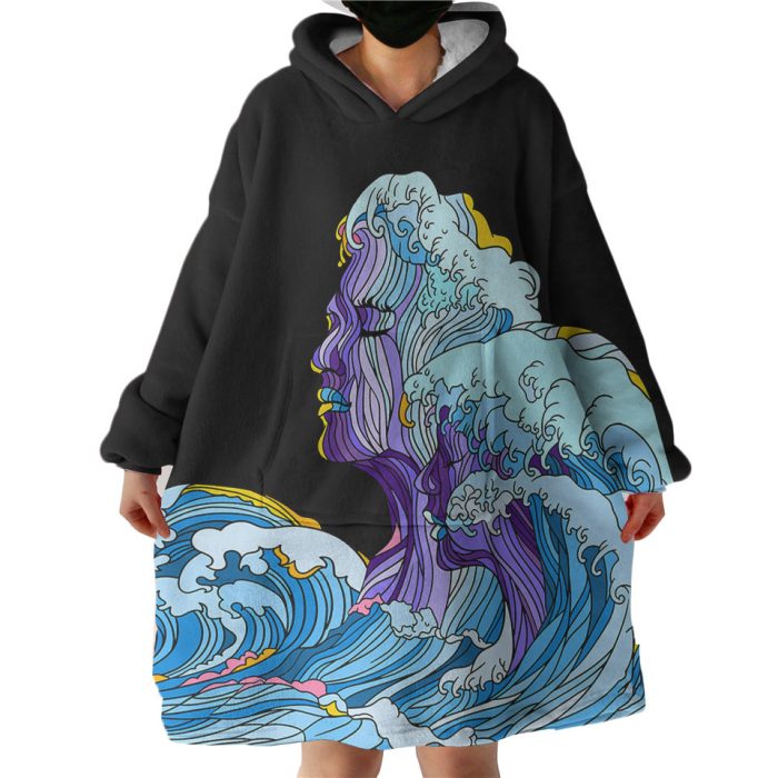 Modern Art - Face Waves Pink & Blue Illustration Hoodie Wearable Blanket WB0168