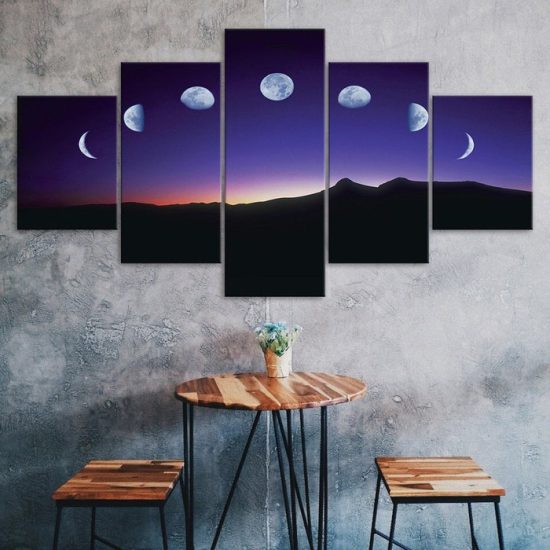 Moon Lunar Phases Night Sky Mountains Landscape 5 Piece Five Panel Canvas Print Modern Poster Wall Art Decor