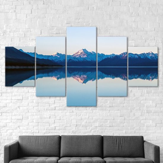 Mountains Lake Reflection Landscape Scene 5 Piece Five Panel Canvas Print Modern Poster Wall Art Decor 2