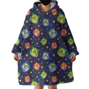 Multi Cute Colorful Owls Night Sky Illustration Hoodie Wearable Blanket WB0654