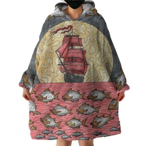 Multi Fishes & Pirate Ship Dark Theme Color Pencil Sketch Hoodie Wearable Blanket WB0161