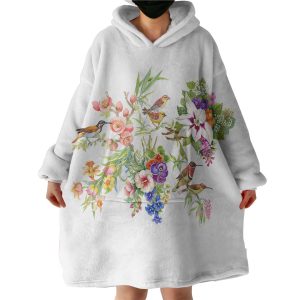 Multi Flowers & Sunbirds White Theme Hoodie Wearable Blanket WB0292