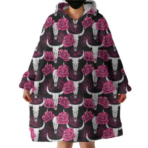 Multi Pink Roses & Buffalo Skull Hoodie Wearable Blanket WB0228