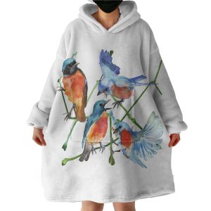 Multi Watercolor Blue Sunbirds Hoodie Wearable Blanket WB0294