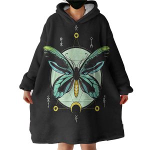 Neon Green and Blue Gradient Butterfly Illustration Hoodie Wearable Blanket WB0626