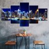 New York City Skyline Hudson River Night View 5 Piece Five Panel Wall Canvas Print Modern Art Poster Wall Art Decor
