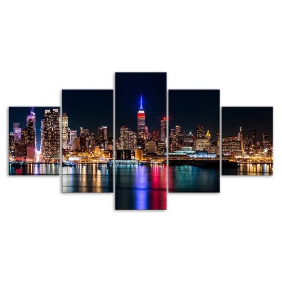 New York City Skyline NYC Night View 5 Piece Five Panel Wall Canvas Print Modern Art Poster Wall Art Decor 3