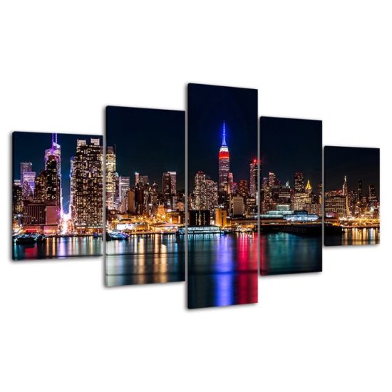 New York City Skyline NYC Night View 5 Piece Five Panel Wall Canvas Print Modern Art Poster Wall Art Decor 4