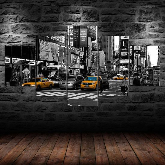 New York City Street Yellow Taxi Cars Black White Scenery 5 Piece Five Panel Wall Canvas Print Modern Poster Wall Art Decor 1
