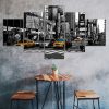New York City Street Yellow Taxi Cars Black White Scenery 5 Piece Five Panel Wall Canvas Print Modern Poster Wall Art Decor