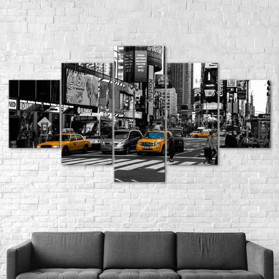 New York City Street Yellow Taxi Cars Black White Scenery 5 Piece Five Panel Wall Canvas Print Modern Poster Wall Art Decor 2