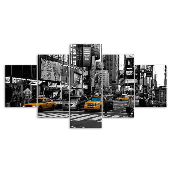 New York City Street Yellow Taxi Cars Black White Scenery 5 Piece Five Panel Wall Canvas Print Modern Poster Wall Art Decor 3