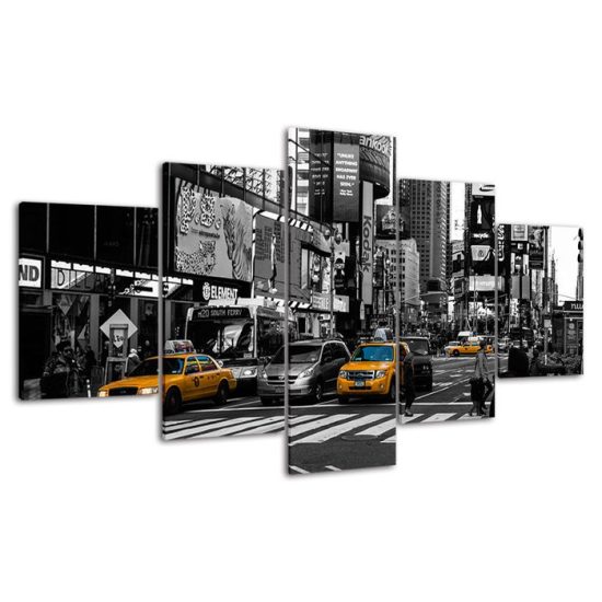 New York City Street Yellow Taxi Cars Black White Scenery 5 Piece Five Panel Wall Canvas Print Modern Poster Wall Art Decor 4