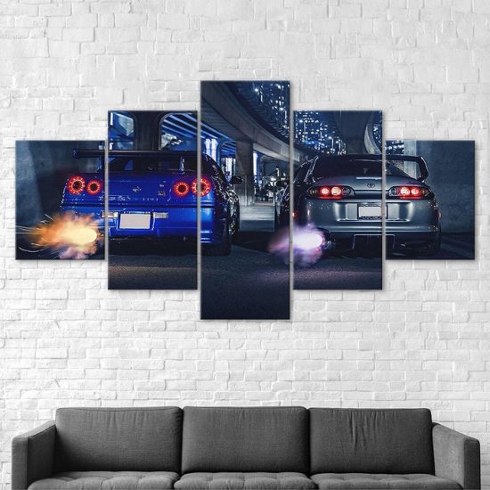 Nissan GTR vs Supra Race Cars Canvas 5 Piece Five Panel Print Modern Wall Art Poster Wall Art Decor 2 1