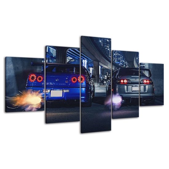 Nissan GTR vs Supra Race Cars Canvas 5 Piece Five Panel Print Modern Wall Art Poster Wall Art Decor 4