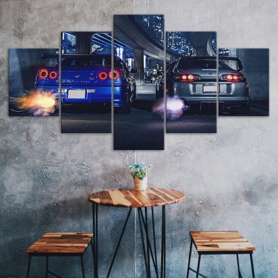 Nissan GTR vs Supra Race Cars Canvas 5 Piece Five Panel Print Modern Wall Art Poster Wall Art Decor