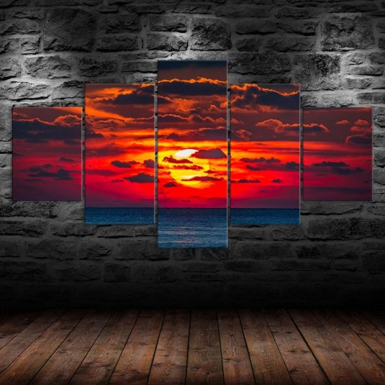Ocean Sunset Red Sky Canvas 5 Piece Five Panel Wall Print Modern Art Poster Wall Art Decor 1