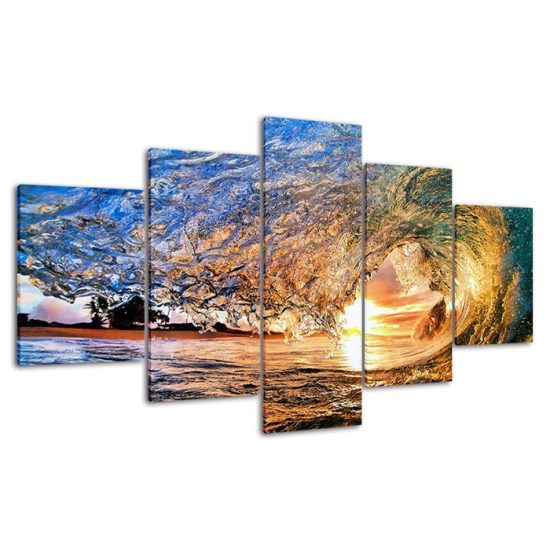 Ocean Wave Sunset Beach Scenery 5 Piece Five Panel Canvas Print Modern Poster Wall Art Decor 4