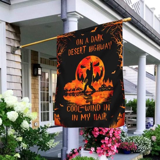 On A Dark Desert Highway Cool Wind In My Hair Halloween Big Foot Pumpkin Personalized Garden Flag House Flag Double Sided 2