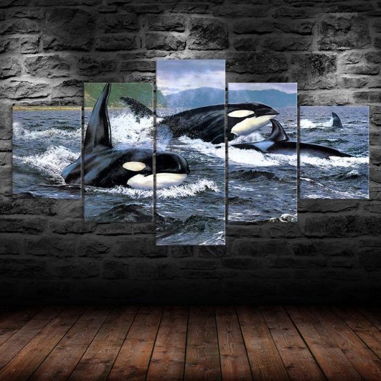 Orca Killer Whale Ocean Painting 5 Piece Five Panel Wall Canvas Print Modern Pictures Home Decor 1