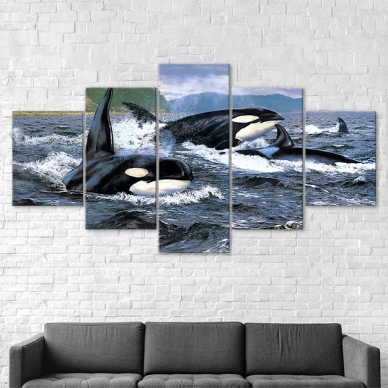 Orca Killer Whale Ocean Painting 5 Piece Five Panel Wall Canvas Print Modern Pictures Home Decor 2
