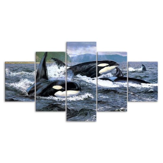 Orca Killer Whale Ocean Painting 5 Piece Five Panel Wall Canvas Print Modern Pictures Home Decor 3