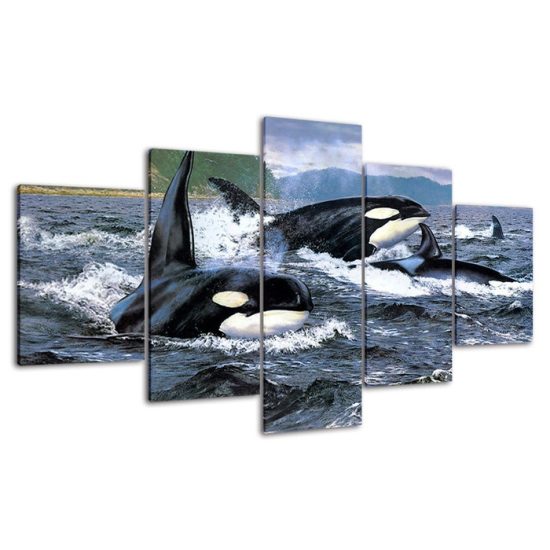 Orca Killer Whale Ocean Painting 5 Piece Five Panel Wall Canvas Print Modern Pictures Home Decor 4