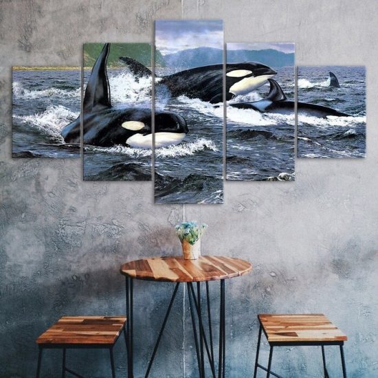 Orca Killer Whale Ocean Painting 5 Piece Five Panel Wall Canvas Print Modern Pictures Home Decor