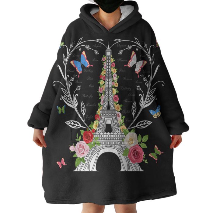 Paris Butterfly and Floral Eiffel Hoodie Wearable Blanket WB0628