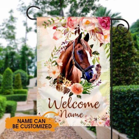 Personalized Horse Garden Flag For Horse Lovers Welcome Brown Horse Flowers Garden Flag Yellow H18