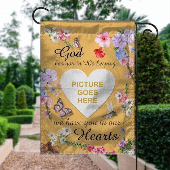 Personalized Memorial Garden Flag God Has You In His Keeping Butterfly For Lodd Of Dad MOm Custom Memorial Gift
