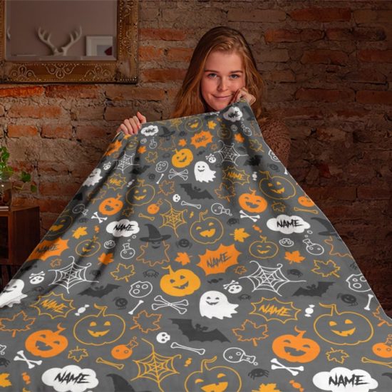 Personalized Name Halloween Blanket Custom Newborn Kids Pumpkin Blanket Ghost Blanket Kids Shower Gift Halloween Pattern Blanket 1