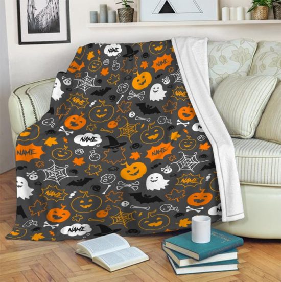 Personalized Name Halloween Blanket Custom Newborn Kids Pumpkin Blanket Ghost Blanket Kids Shower Gift Halloween Pattern Blanket 2