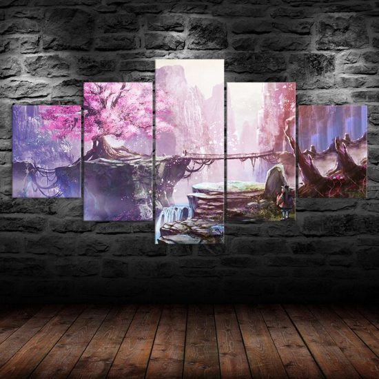 Pink Cherry Blossom Fantasy World Canvas 5 Piece Five Panel Wall Canvas Print Modern Art Poster Wall Art Decor 1
