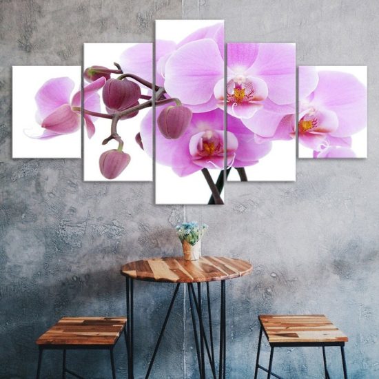 Pink Orchid Flower White Background 5 Piece Five Panel Wall Canvas Print Modern Art Poster Wall Art Decor