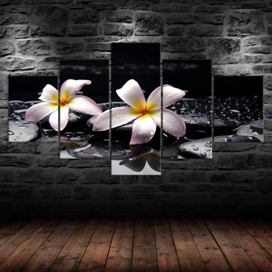 Plumeria Rubra Flowers Water Drops Zen Stone Spa 5 Piece Five Panel Wall Canvas Print Modern Art Poster Wall Art Decor 1