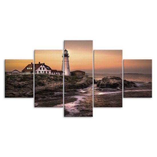 Portland Headlight Lighthouse Seashore Scenery 5 Piece Five Panel Canvas Print Modern Poster Wall Art Decor 3