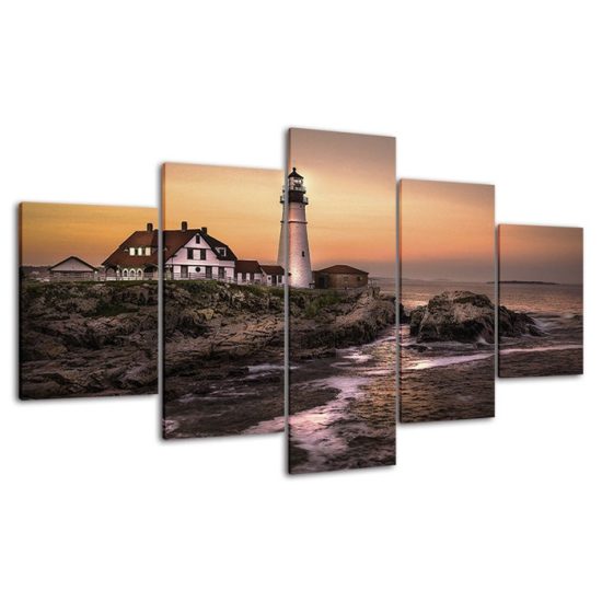 Portland Headlight Lighthouse Seashore Scenery 5 Piece Five Panel Canvas Print Modern Poster Wall Art Decor 4