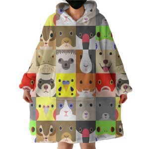 Products Cute Cartoon Animals Checkerboard Hoodie Wearable Blanket WB0326