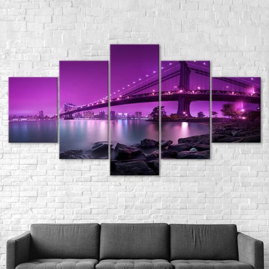 Purple Dawn Modern City Bridge Landscape 5 Piece Five Panel Wall Canvas Print Modern Art Poster Wall Art Decor 2