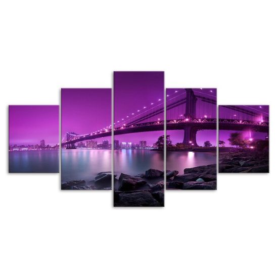 Purple Dawn Modern City Bridge Landscape 5 Piece Five Panel Wall Canvas Print Modern Art Poster Wall Art Decor 3